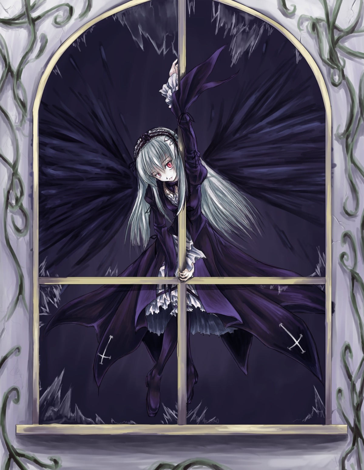 1girl auto_tagged black_wings dress flower hairband holding holding_sword holding_weapon image long_hair long_sleeves looking_at_viewer red_eyes rose silver_hair solo suigintou sword weapon wings