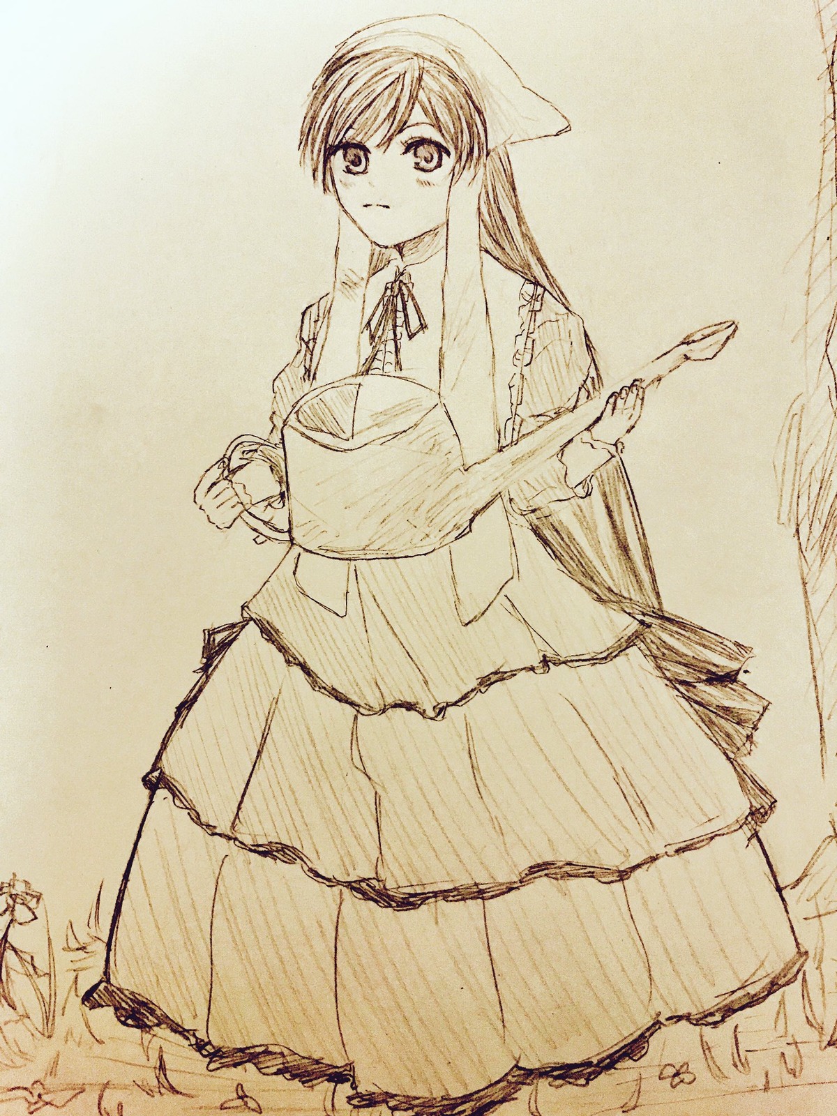 1girl closed_mouth dress eyebrows_visible_through_hair frills hat holding image long_hair long_sleeves looking_at_viewer monochrome neck_ribbon solo standing suiseiseki traditional_media