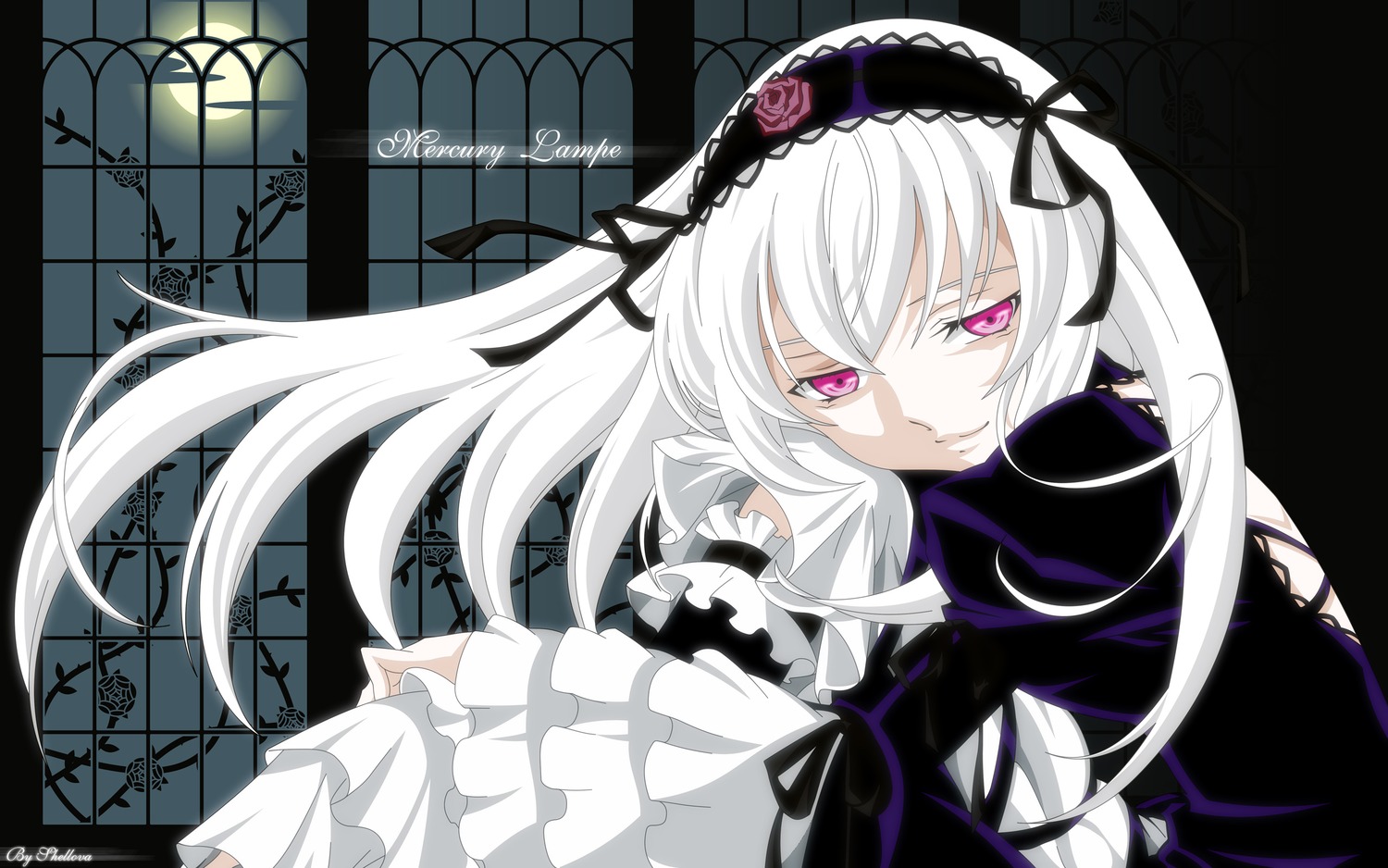 1girl artist_request black_ribbon dress flower frilled_sleeves frills hairband highres image long_hair long_sleeves looking_at_viewer pale_skin pink_eyes ribbon rose rozen_maiden silver_hair smile solo suigintou twitter_username white_hair wings