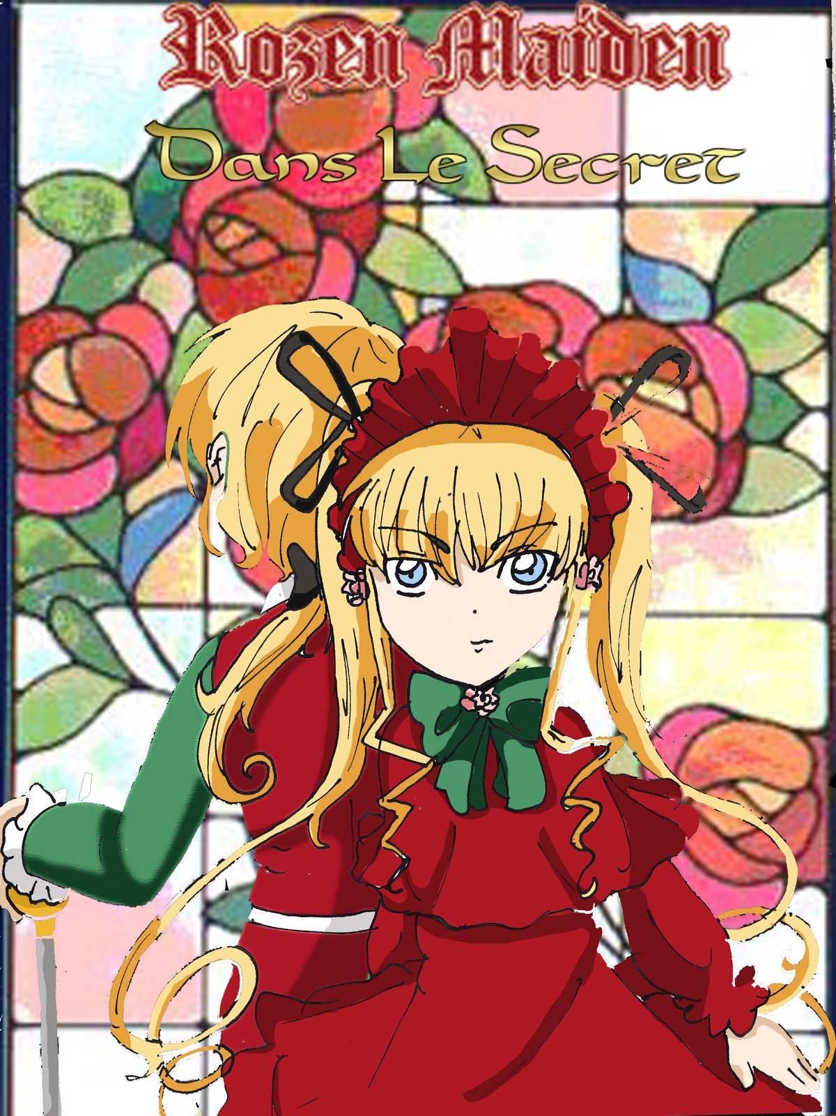 blonde_hair blue_eyes bonnet bow bowtie dress green_bow green_neckwear image long_hair long_sleeves looking_at_viewer multiple_girls red_dress shinku sidelocks solo