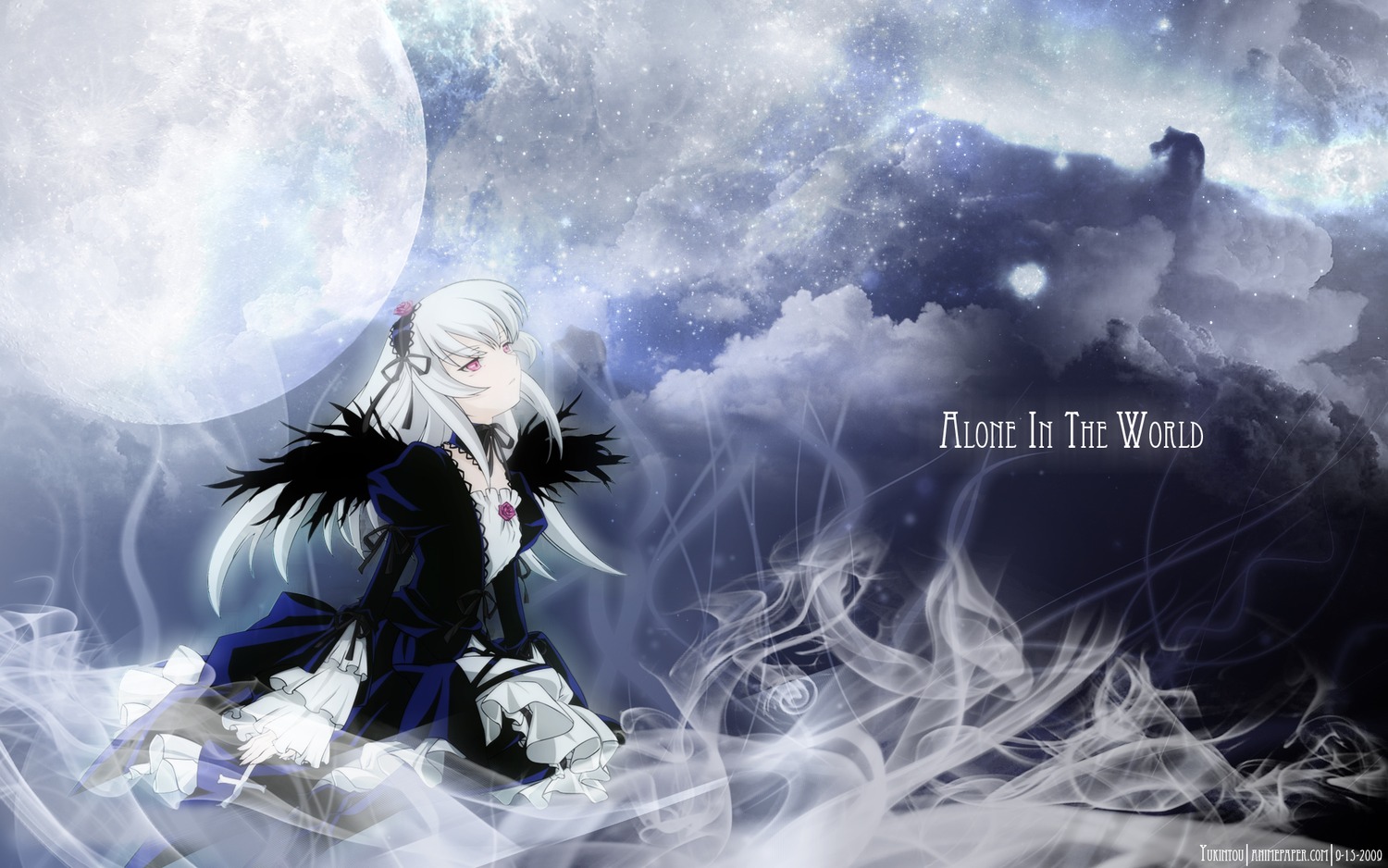 1girl copyright_name dress flower frills image long_hair long_sleeves profile red_eyes rose silver_hair sky solo suigintou wings