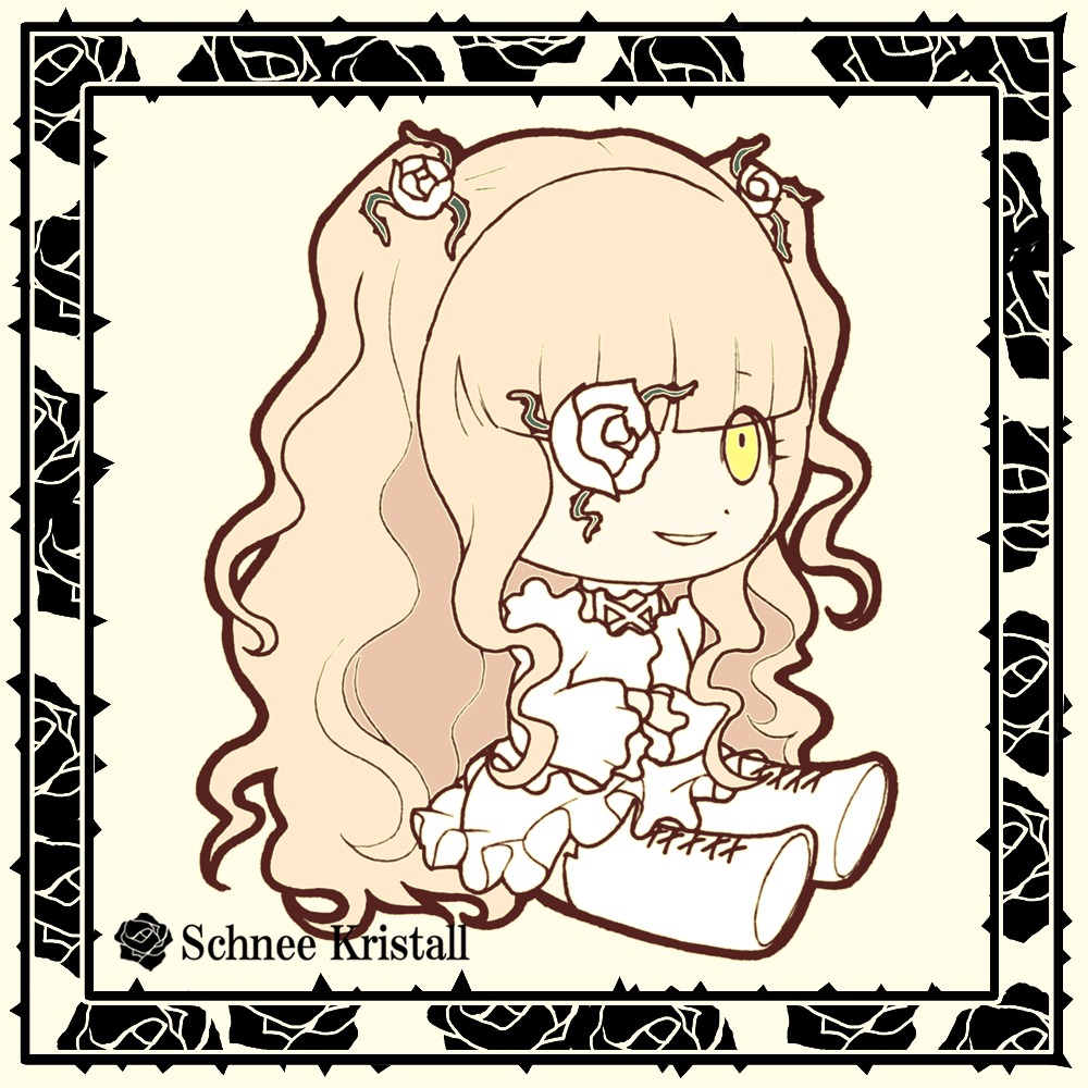 1girl boots chibi cross-laced_footwear dress flower hair_flower hair_ornament image kirakishou long_hair monochrome rose sepia smile solo thorns white_flower white_rose yellow_eyes