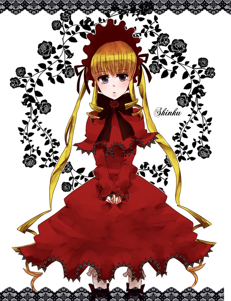 1girl blonde_hair blue_eyes blush bonnet bow bowtie capelet dress drill_hair flower image long_hair long_sleeves looking_at_viewer red_capelet red_dress rose shinku solo striped twintails