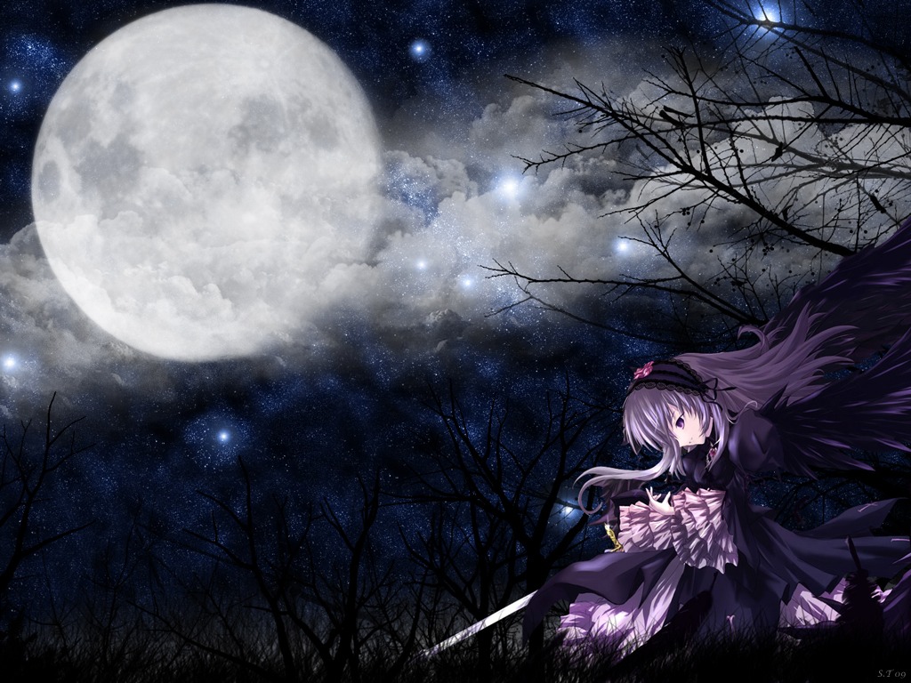 1girl dress full_moon hairband image long_hair moon night night_sky purple_eyes sky solo star_(sky) starry_sky suigintou wings