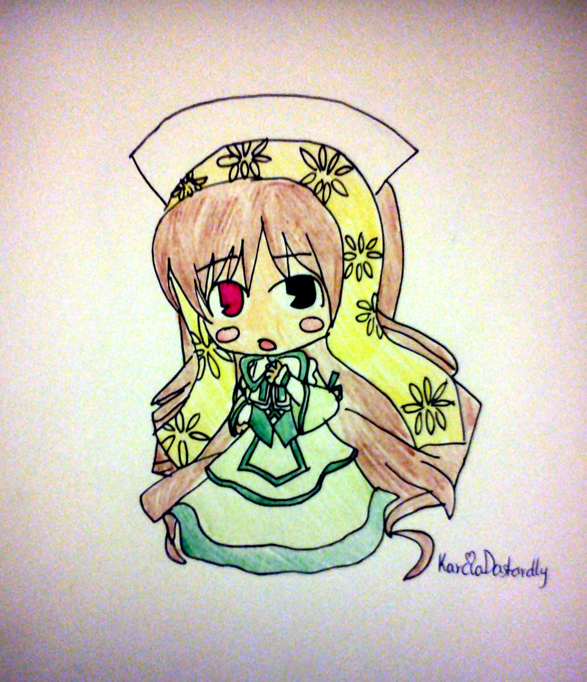 1girl chibi dress image long_hair open_mouth pink_hair solo suiseiseki traditional_media umbrella very_long_hair