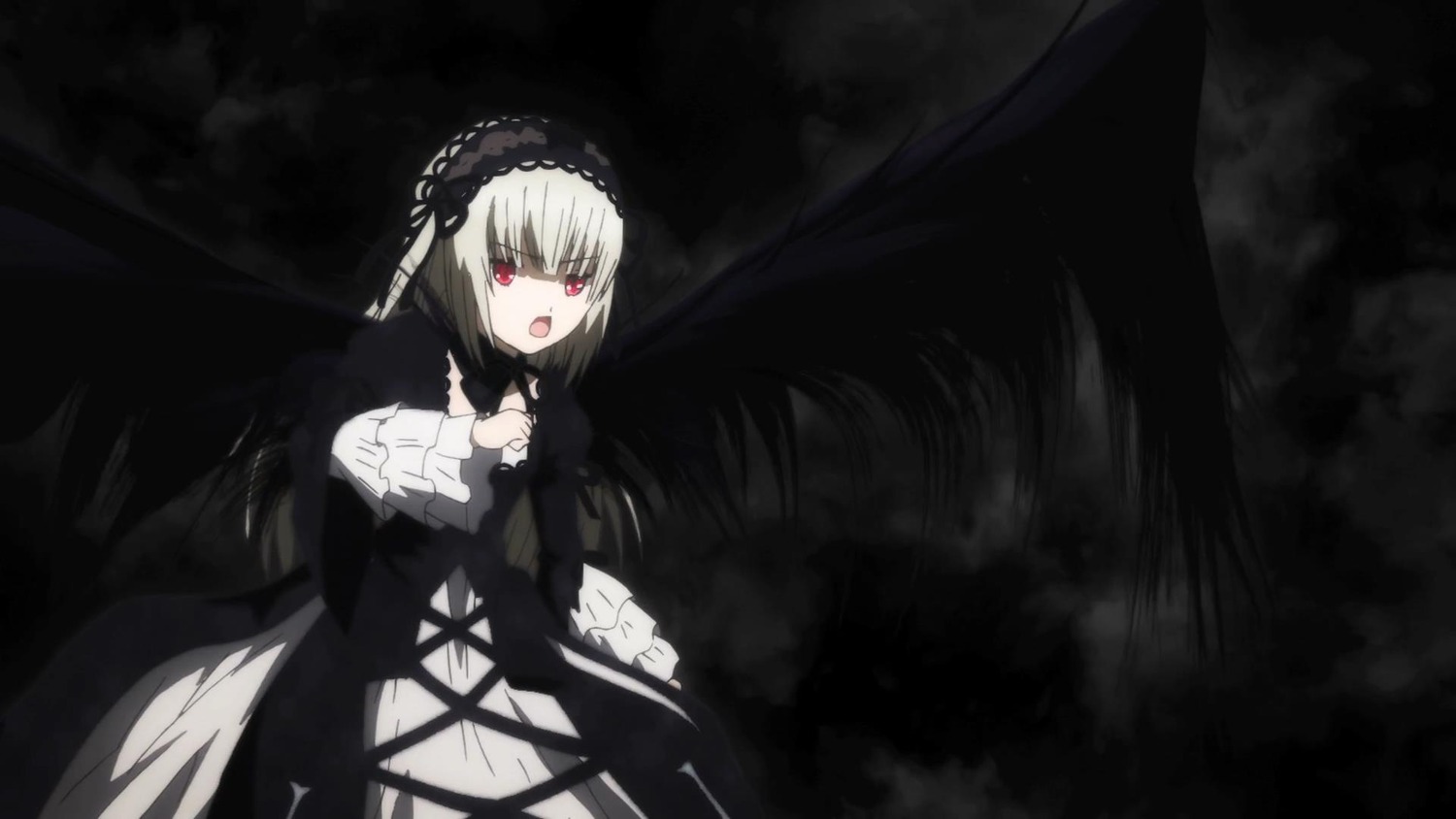 1girl black_dress black_ribbon black_wings dress frills hairband image juliet_sleeves lolita_fashion lolita_hairband long_hair long_sleeves looking_at_viewer open_mouth red_eyes ribbon rose solo suigintou wings