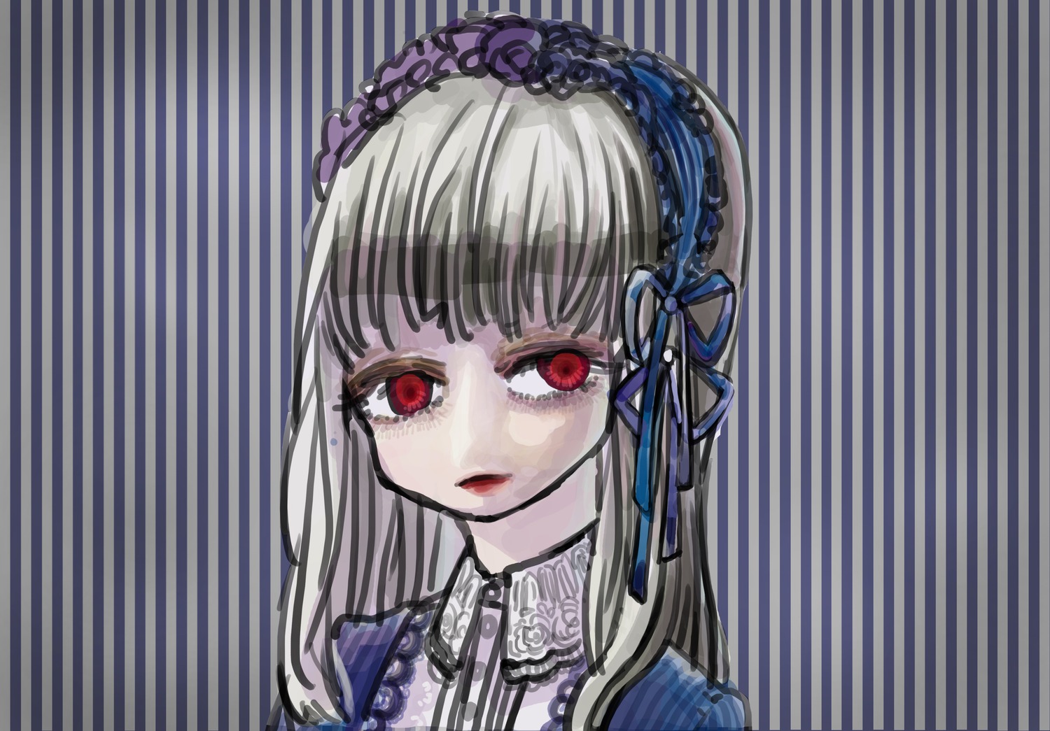 1girl bangs bow frills hairband image long_hair looking_at_viewer portrait red_eyes rose solo striped striped_background suigintou vertical_stripes