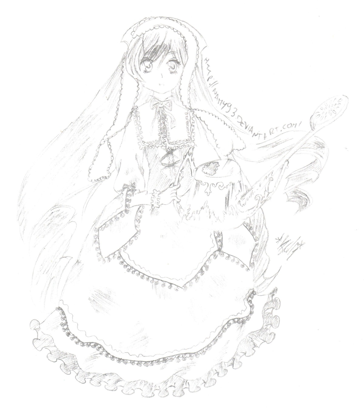 1girl dress frills greyscale image long_hair long_sleeves looking_at_viewer monochrome smile solo striped suiseiseki very_long_hair