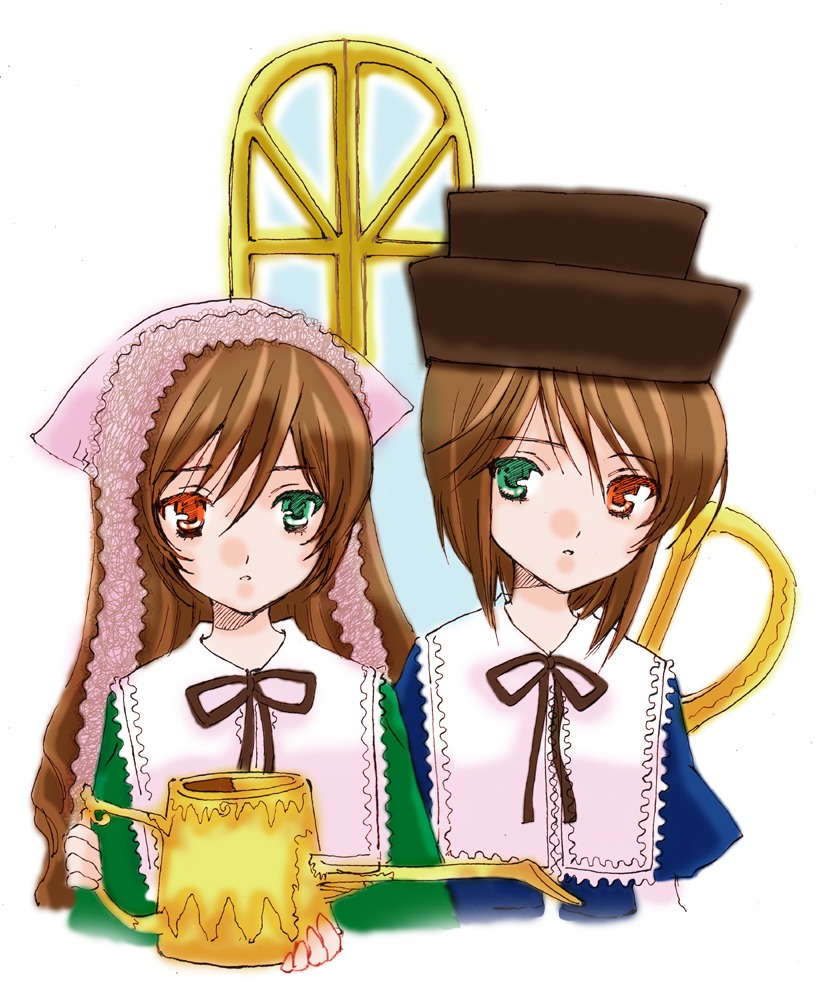 2girls black_ribbon brown_hair dress green_dress green_eyes hat heterochromia image long_hair long_sleeves looking_at_viewer multiple_girls pair red_eyes siblings simple_background sisters souseiseki suiseiseki top_hat twins watering_can white_background