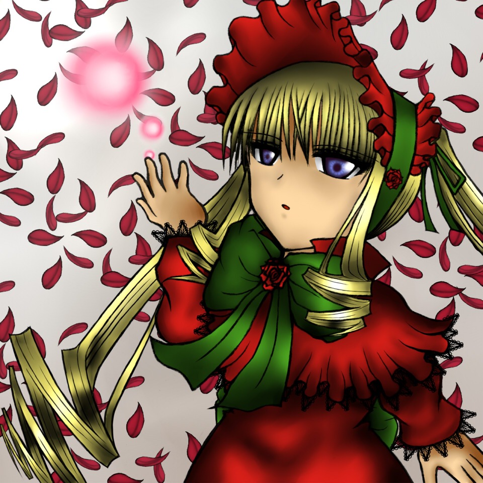 1girl blonde_hair blue_eyes bow dress drill_hair flower green_bow image long_hair long_sleeves looking_at_viewer petals red_dress rose rose_petals shinku solo twintails