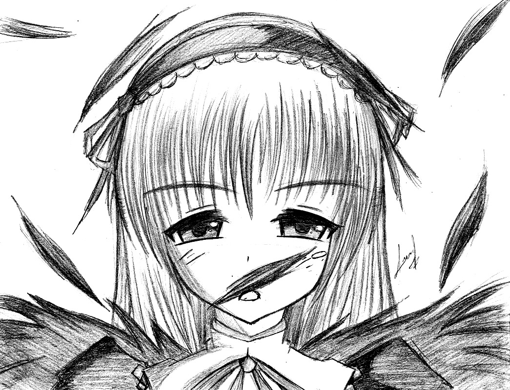 1girl greyscale hairband image looking_at_viewer monochrome simple_background solo suigintou tears white_background