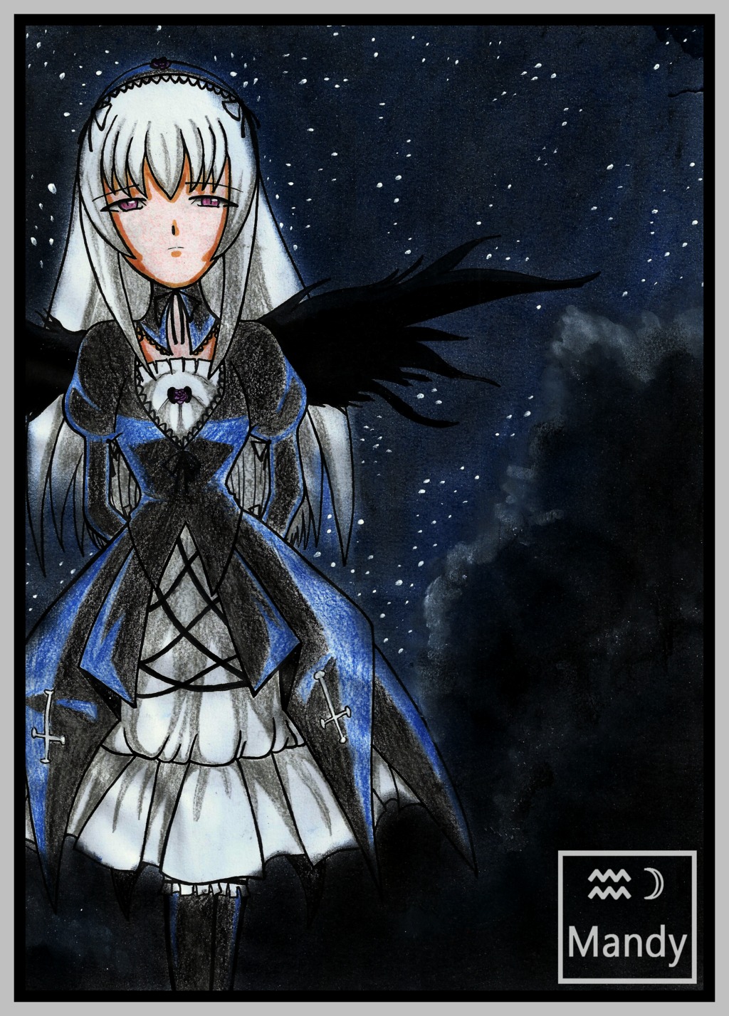 1girl black_wings dress flower frills gothic_lolita hairband image long_hair long_sleeves looking_at_viewer night night_sky pink_eyes silver_hair sky solo star_(sky) starry_sky suigintou wings