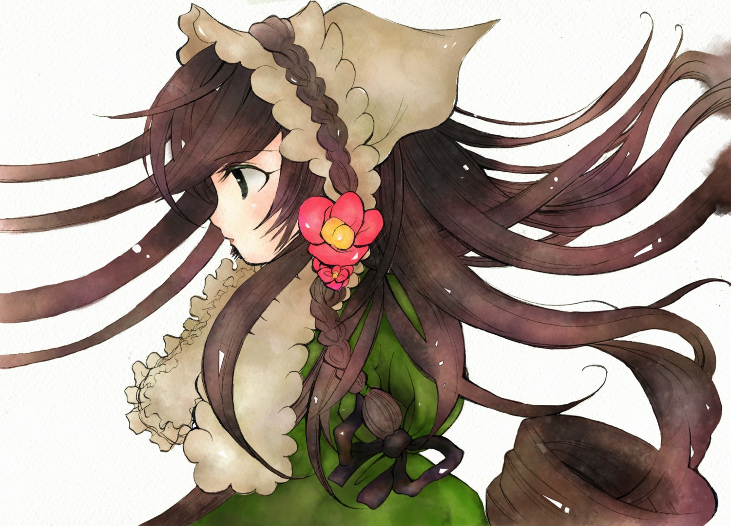 1girl blush braid brown_hair flower from_side hair_flower hair_ornament image long_hair monster_girl profile ribbon simple_background solo suiseiseki upper_body very_long_hair white_background