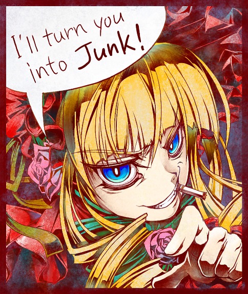 1girl blonde_hair blue_eyes bonnet cigarette commentary_request english_text flower grin image pink_flower pink_rose pointing red_flower red_rose rose rozen_maiden sasa_ichi shinku smile solo