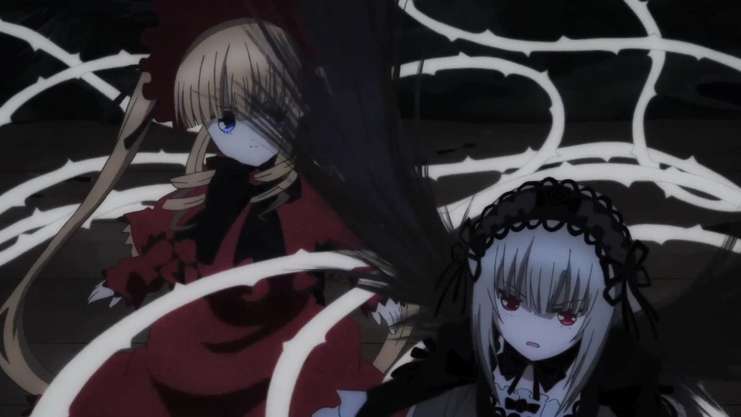 2girls blonde_hair blue_eyes dress hairband image long_hair long_sleeves looking_at_viewer multiple_girls pair red_eyes shinku silver_hair suigintou very_long_hair