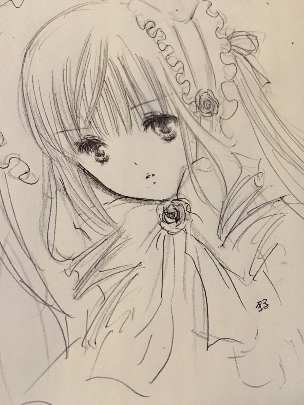 1girl eyebrows_visible_through_hair flower image long_hair looking_at_viewer monochrome parted_lips pink_rose rose shinku sketch solo traditional_media upper_body white_rose