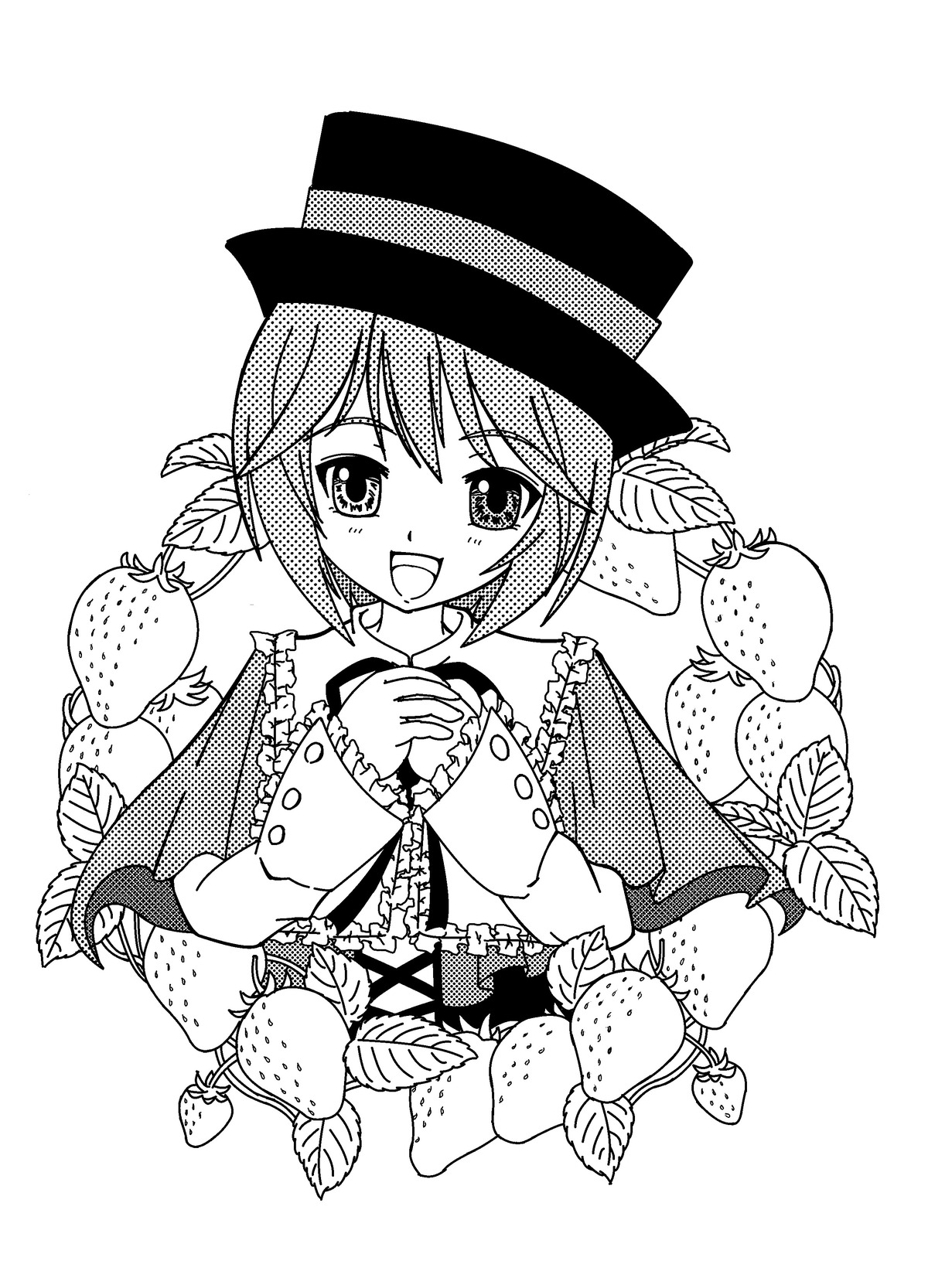 1girl :d food fruit greyscale hat image looking_at_viewer monochrome open_mouth short_hair smile solo souseiseki top_hat