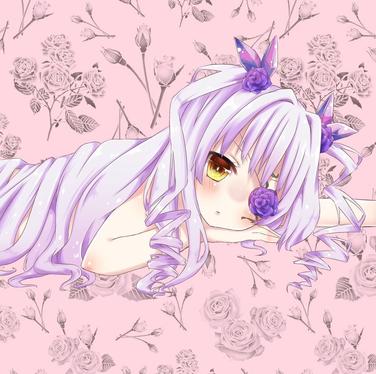 1girl barasuishou blush curly_hair drill_hair eyepatch flower hair_flower hair_ornament image long_hair looking_at_viewer lying on_stomach purple_flower purple_rose ringlets rose silver_hair solo thorns twin_drills yellow_eyes