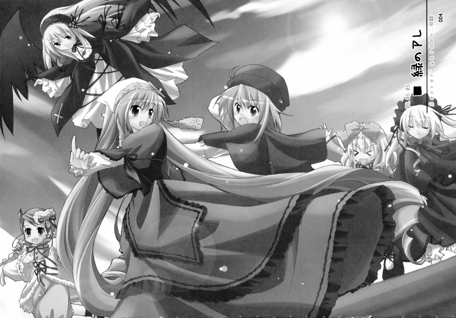 6+girls bow dress frills greyscale hat image long_hair long_sleeves looking_at_viewer monochrome multiple multiple_girls shinku short_hair suigintou suiseiseki tagme very_long_hair wings