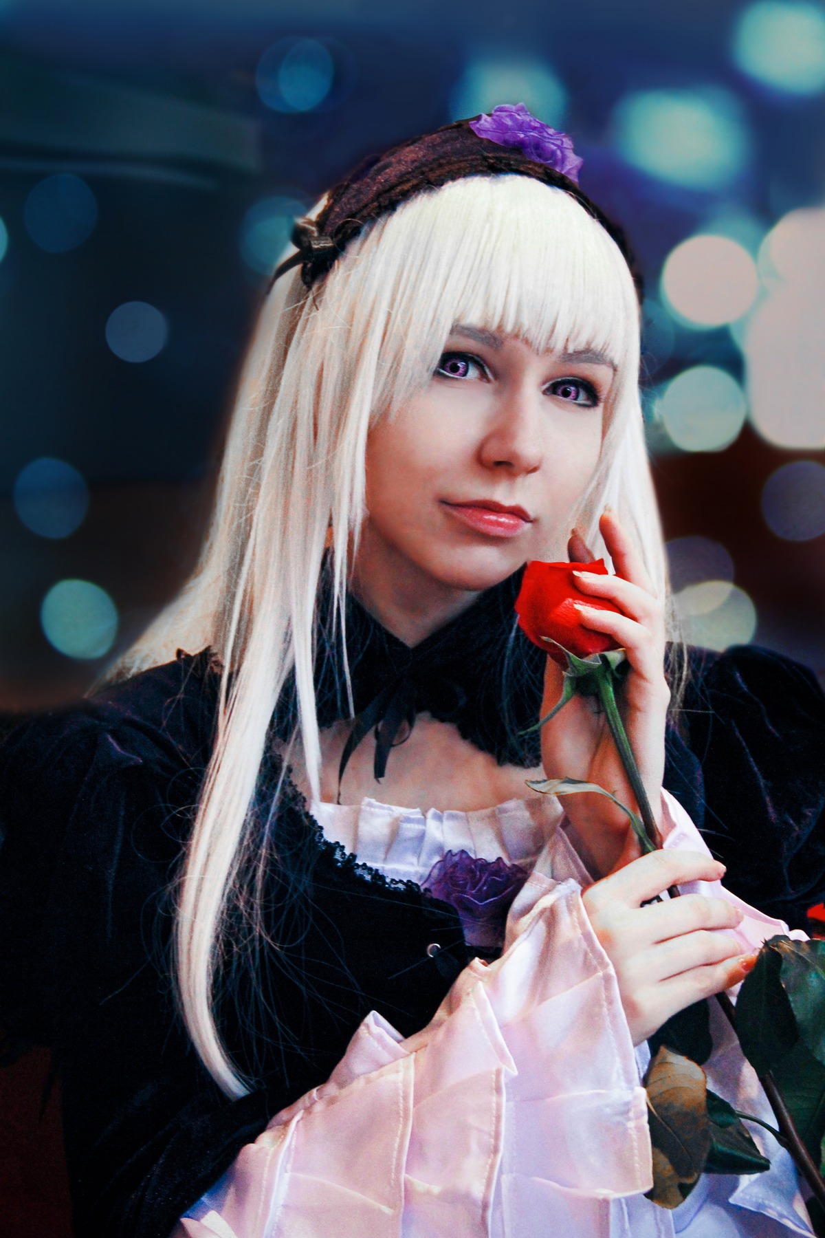 1girl apple auto_tagged bangs blunt_bangs blurry bokeh depth_of_field dress flower food fruit gothic_lolita holding holding_food holding_fruit lens_flare lips lolita_fashion long_hair long_sleeves looking_at_viewer purple_eyes rose solo suigintou upper_body white_hair