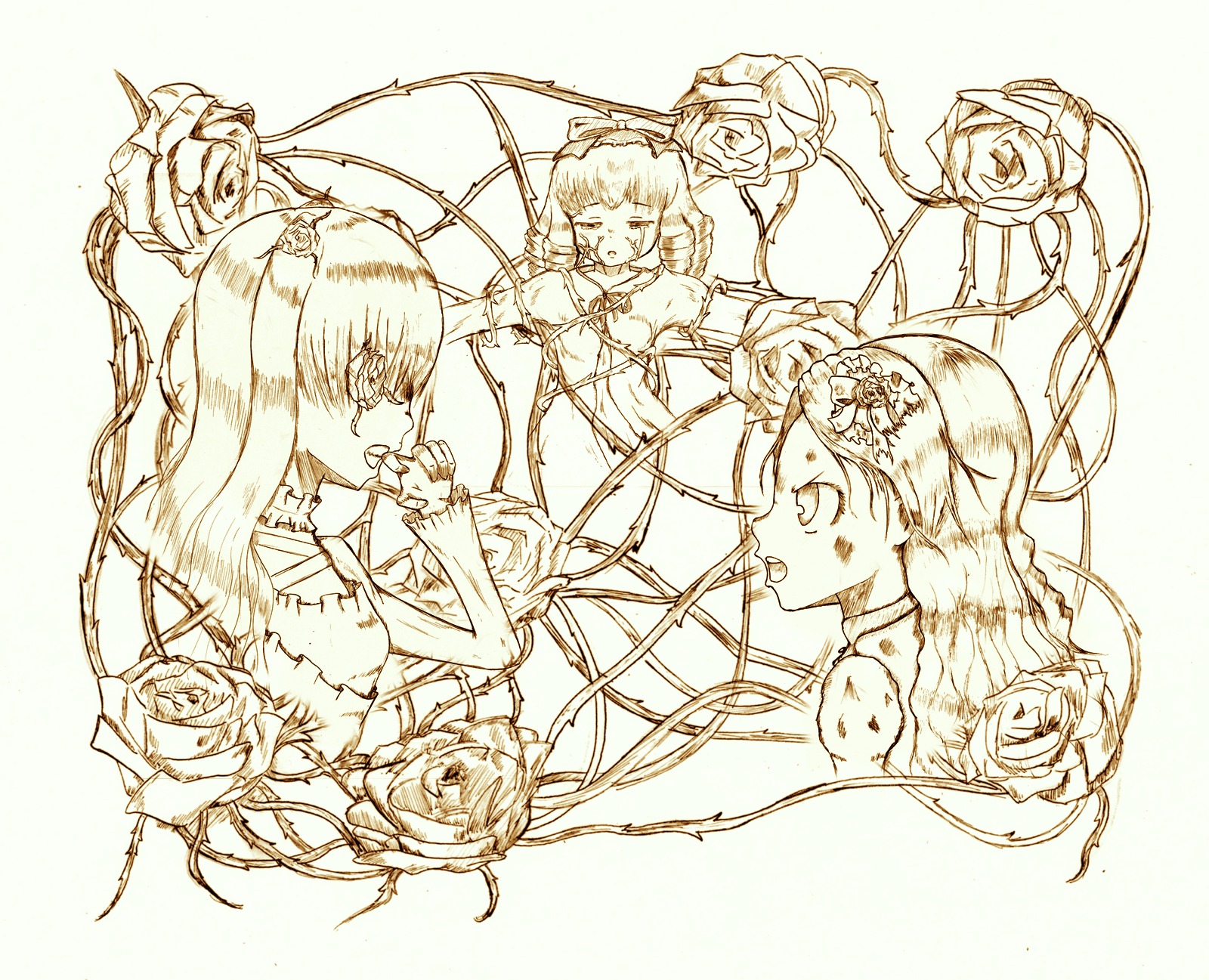 3girls flower hair_ornament image long_hair monochrome multiple multiple_girls rose tagme thorns two_side_up vines