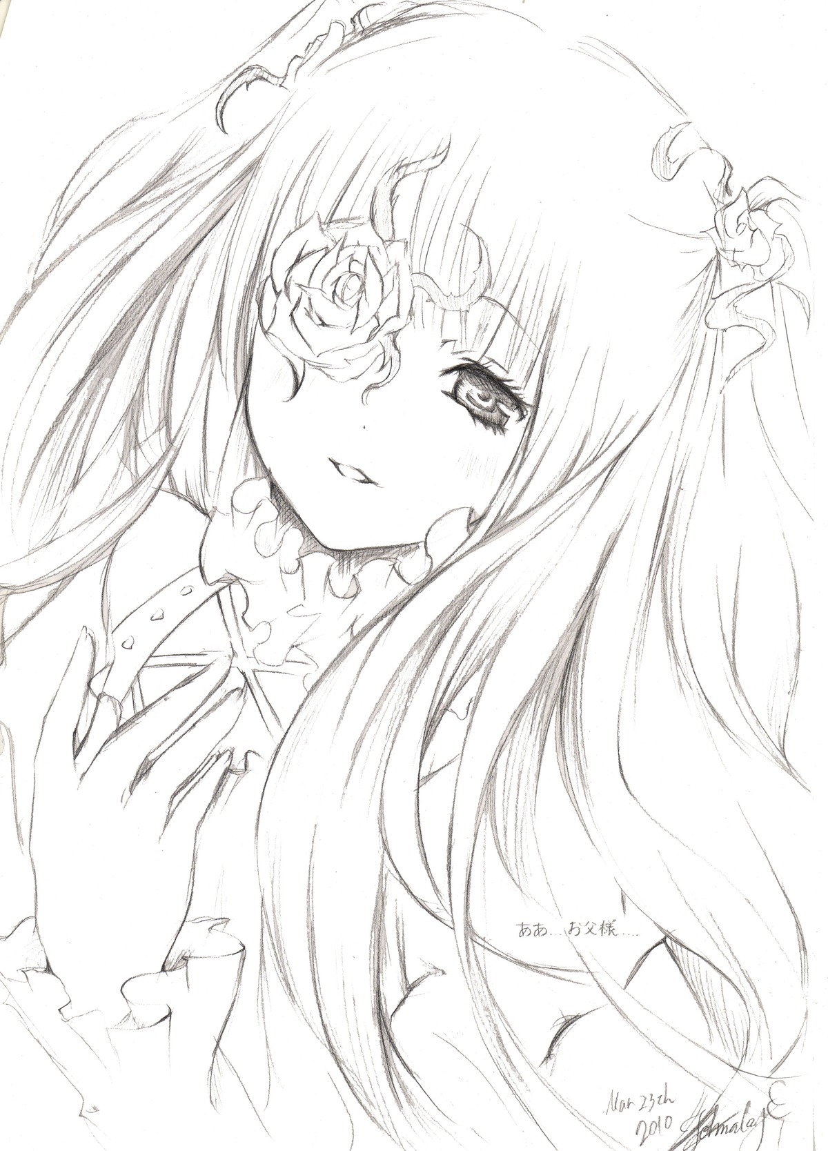 1girl bangs blush dated flower greyscale hair_flower hair_ornament image kirakishou long_hair looking_at_viewer monochrome parted_lips signature simple_background solo upper_body white_background