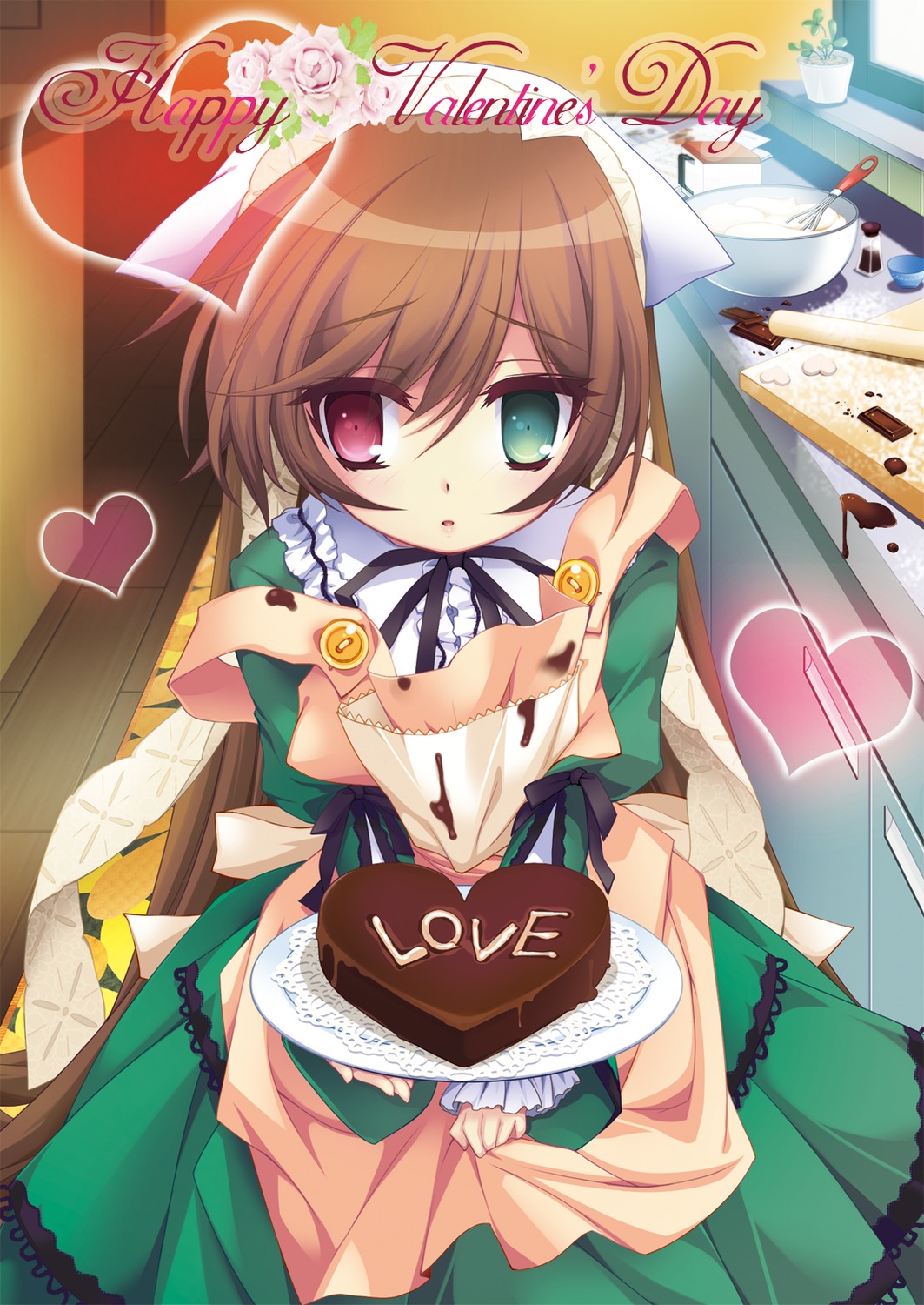 1girl apron brown_hair cake chocolate chocolate_heart commentary_request dress food frills gift green_dress green_eyes hairband happy_valentine heart heterochromia highres holding holding_gift image incoming_gift long_hair red_eyes ribbon room603 rozen_maiden solo suiseiseki valentine very_long_hair