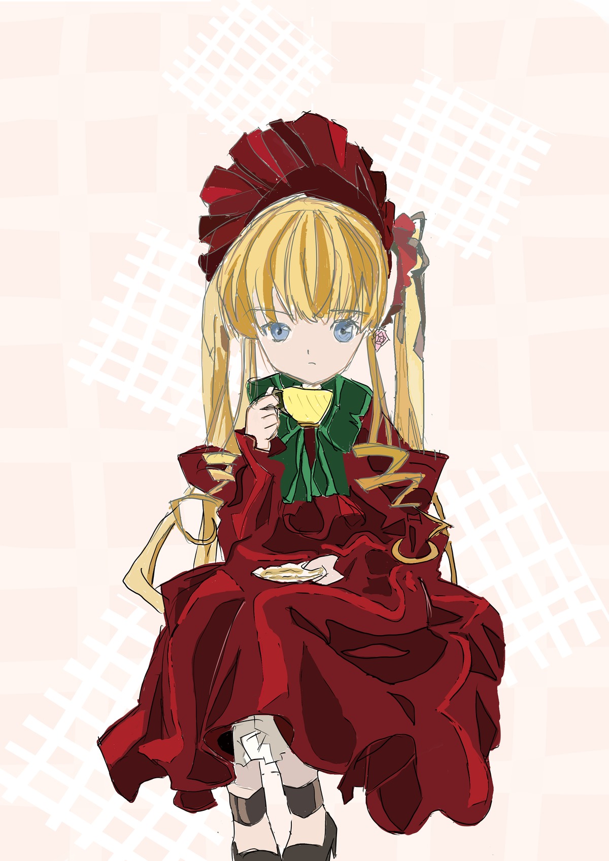 1girl bangs blonde_hair blue_eyes bonnet bow bowtie cup dress food full_body green_bow image long_hair long_sleeves looking_at_viewer red_dress saucer shinku sitting solo teacup twintails