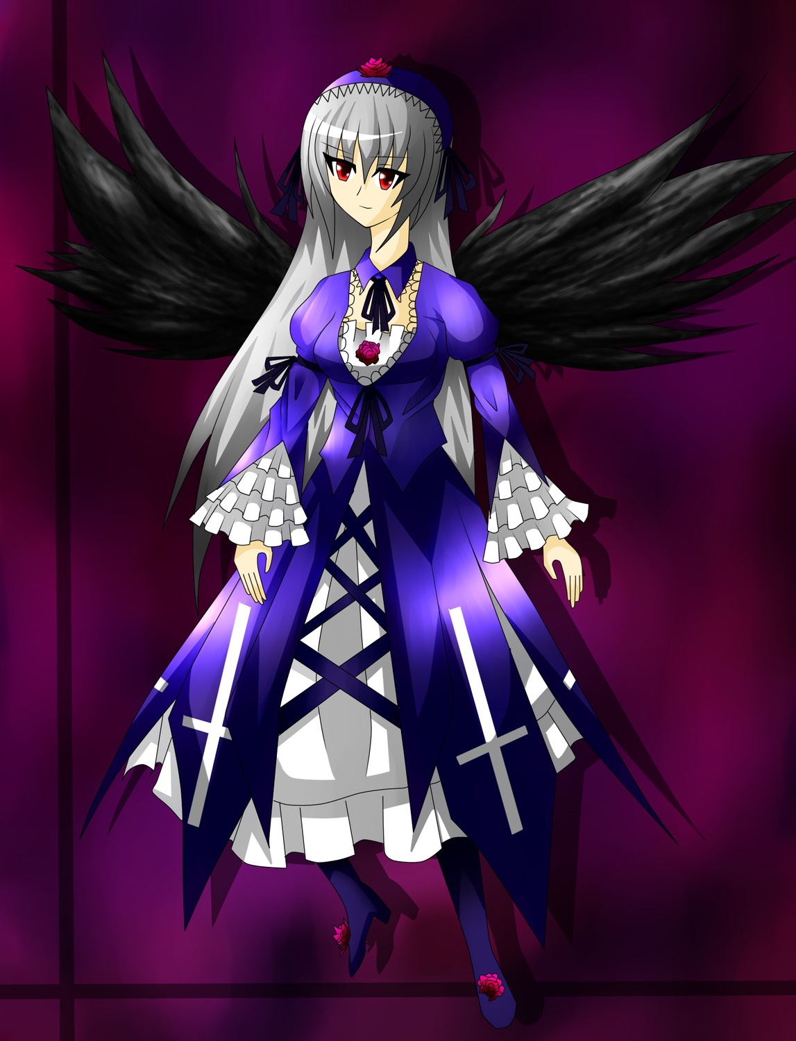 1girl black_wings breasts dress frills full_body hairband image long_hair long_sleeves looking_at_viewer puffy_sleeves purple_background red_eyes rose silver_hair solo suigintou wings