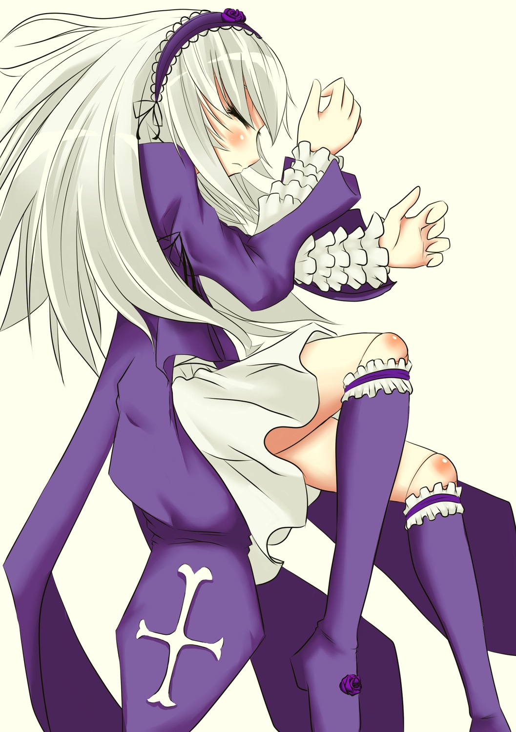 1girl blush boots dress frills hairband image knee_boots kneehighs long_hair long_sleeves lying on_side purple_dress purple_flower purple_footwear purple_rose silver_hair solo suigintou wings