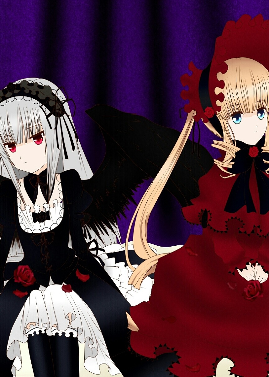 2girls black_wings blonde_hair blue_eyes dress expressionless flower frills hairband image long_hair long_sleeves looking_at_viewer multiple_girls pair red_eyes red_flower red_rose rose shinku silver_hair suigintou twintails wings