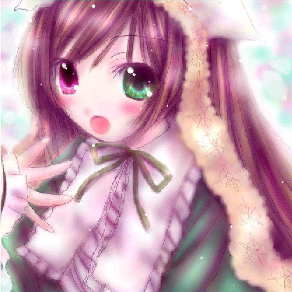 1girl :o blush brown_hair dress frills green_dress green_eyes hat image long_hair long_sleeves looking_at_viewer open_mouth ribbon solo suiseiseki upper_body