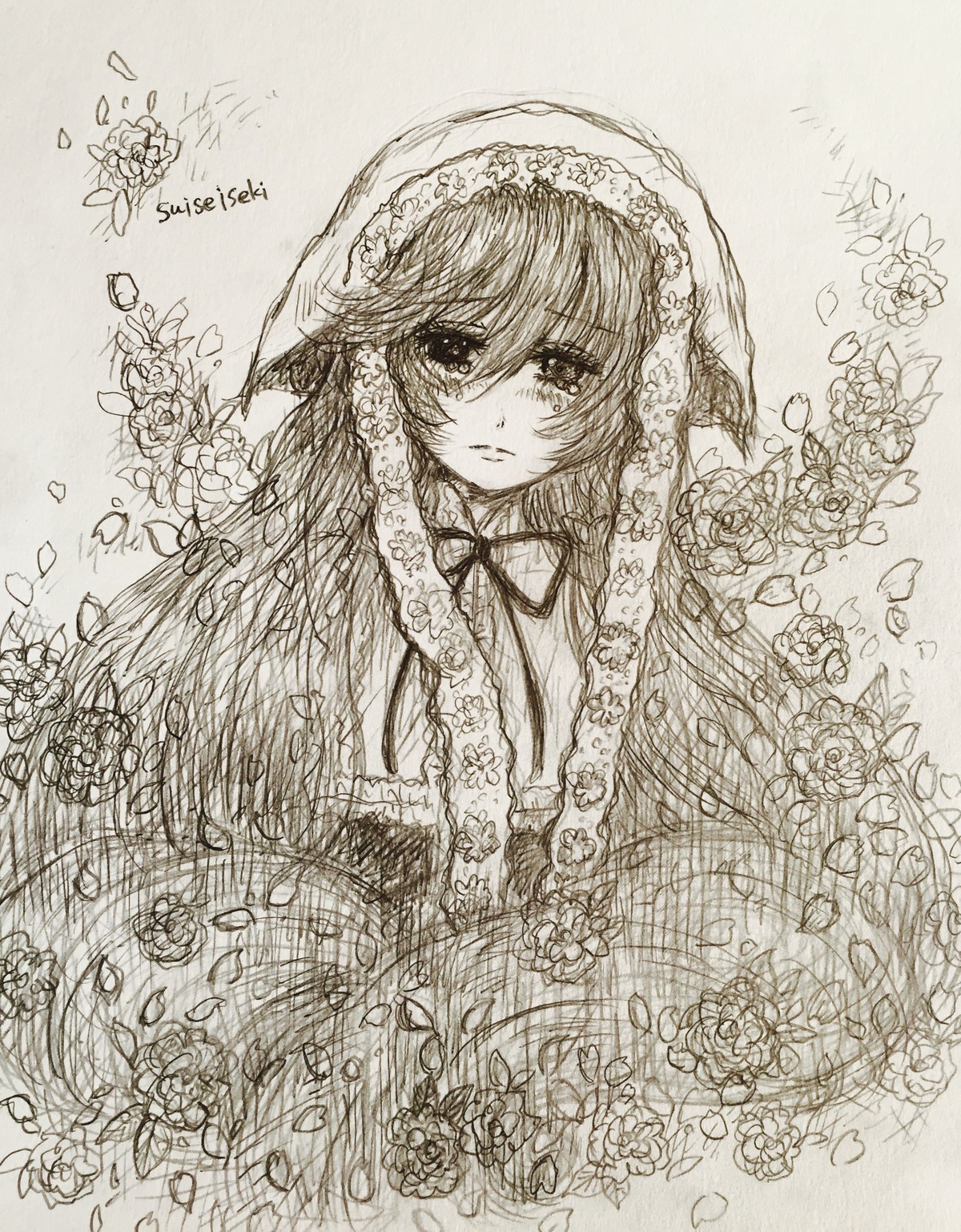 1girl blush dress flower heart hood image long_hair looking_at_viewer monochrome petals rose solo suiseiseki traditional_media very_long_hair