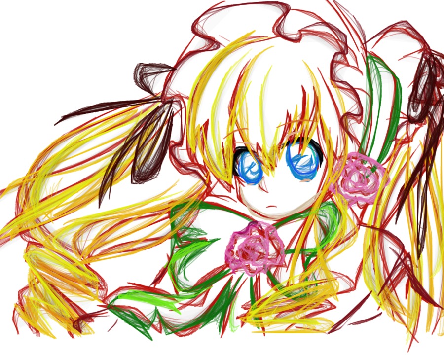 1girl blonde_hair blue_eyes flower hat hat_ribbon image long_hair looking_at_viewer pink_rose red_flower red_rose ribbon rose shinku simple_background solo white_background