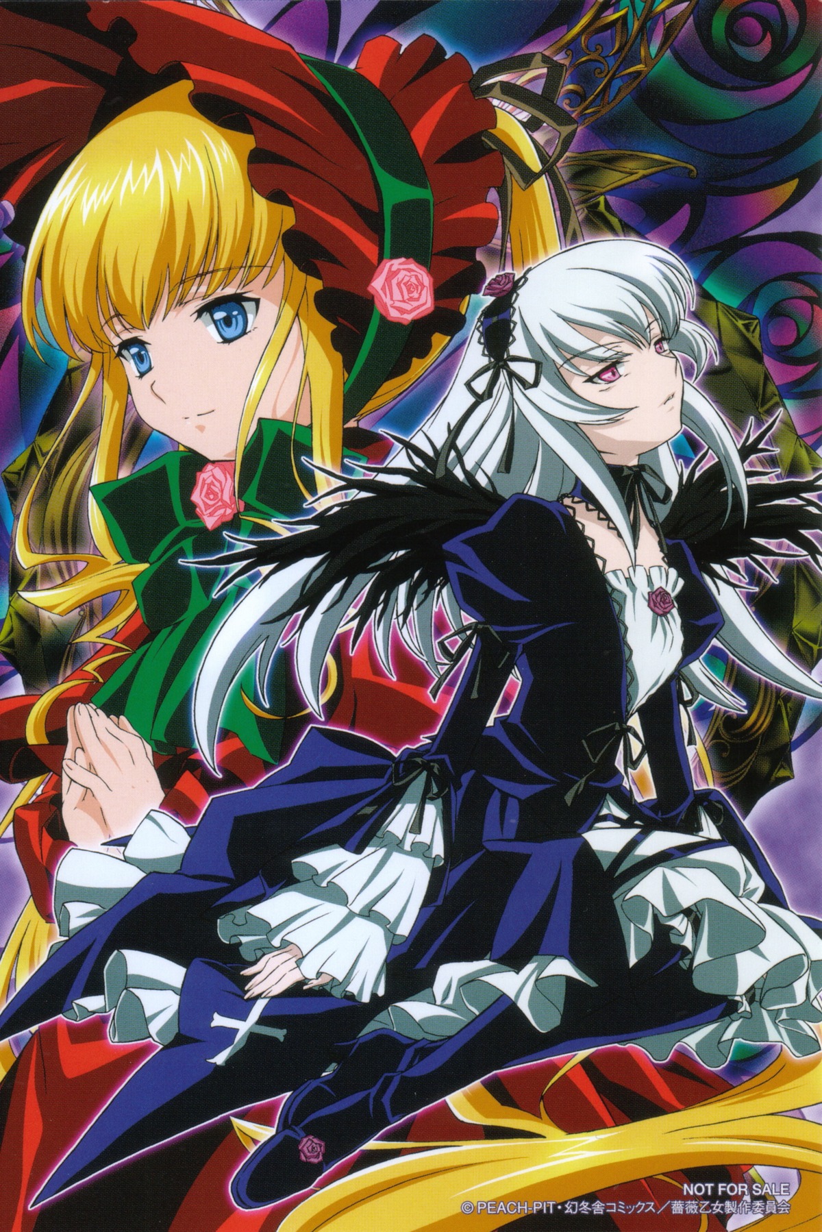 2girls blonde_hair blue_eyes bonnet bow dress flower frills green_bow green_neckwear hairband image juliet_sleeves long_hair long_sleeves looking_at_viewer multiple_girls pair pink_eyes red_dress rose shinku silver_hair suigintou wings