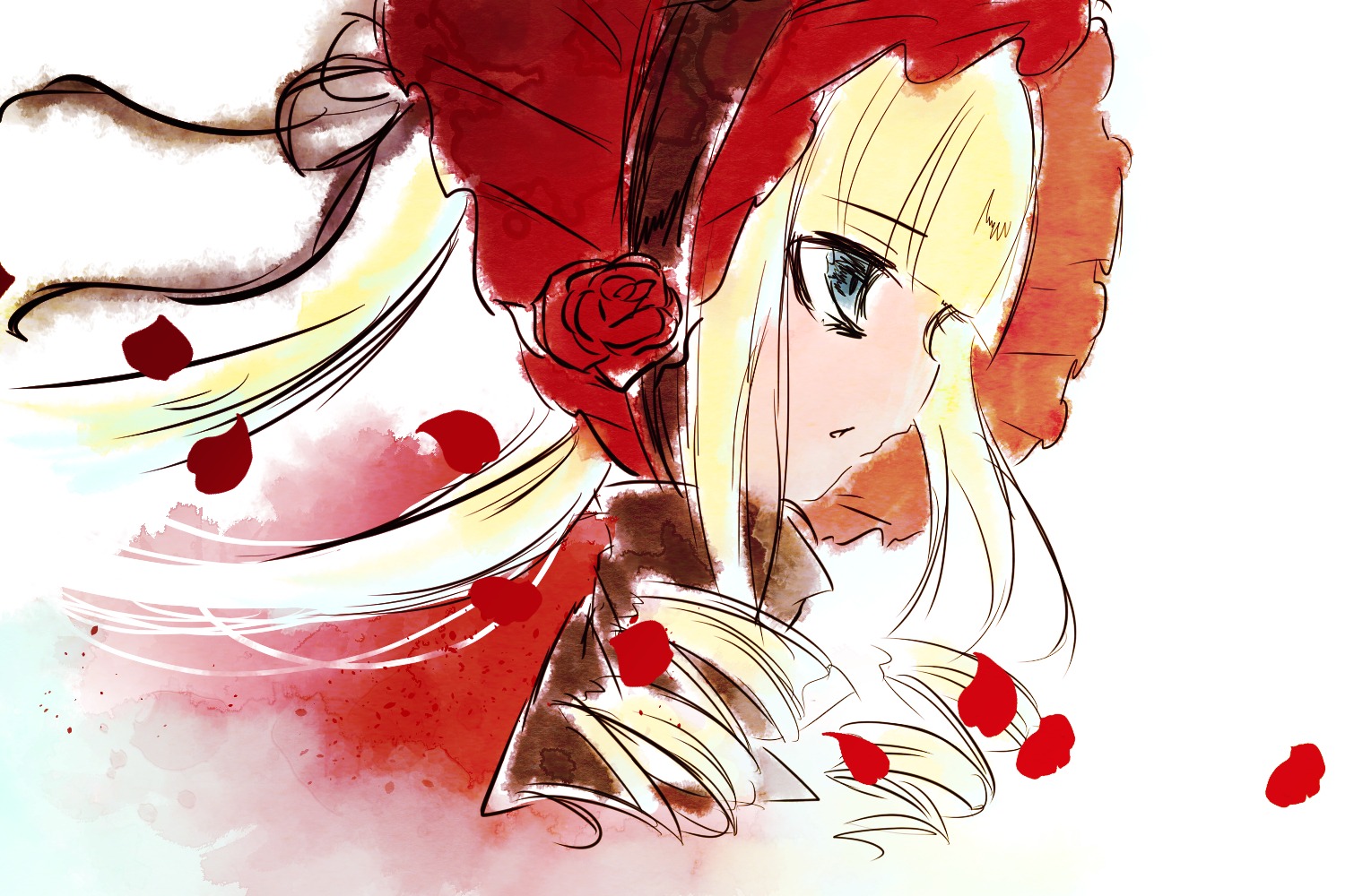 1girl bangs blonde_hair blue_eyes blush bonnet closed_mouth drill_hair eyebrows_visible_through_hair face flower image long_hair petals portrait profile red_flower red_rose rose rose_petals shinku solo twintails upper_body