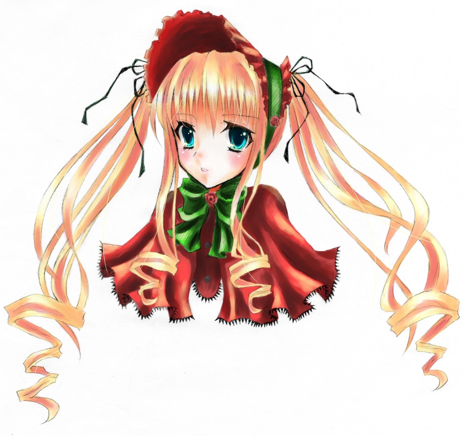 1girl blonde_hair blush bonnet bow bowtie dress drill_hair green_bow green_neckwear image long_hair long_sleeves looking_at_viewer shinku simple_background solo twin_drills twintails white_background