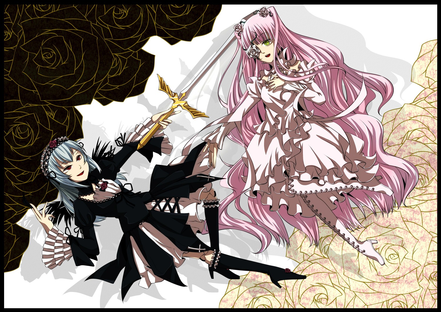 2girls blue_hair boots dress flower frills image kirakishou knee_boots letterboxed long_hair megurine_luka multiple_girls pair pink_hair red_eyes rose suigintou sword very_long_hair weapon wings