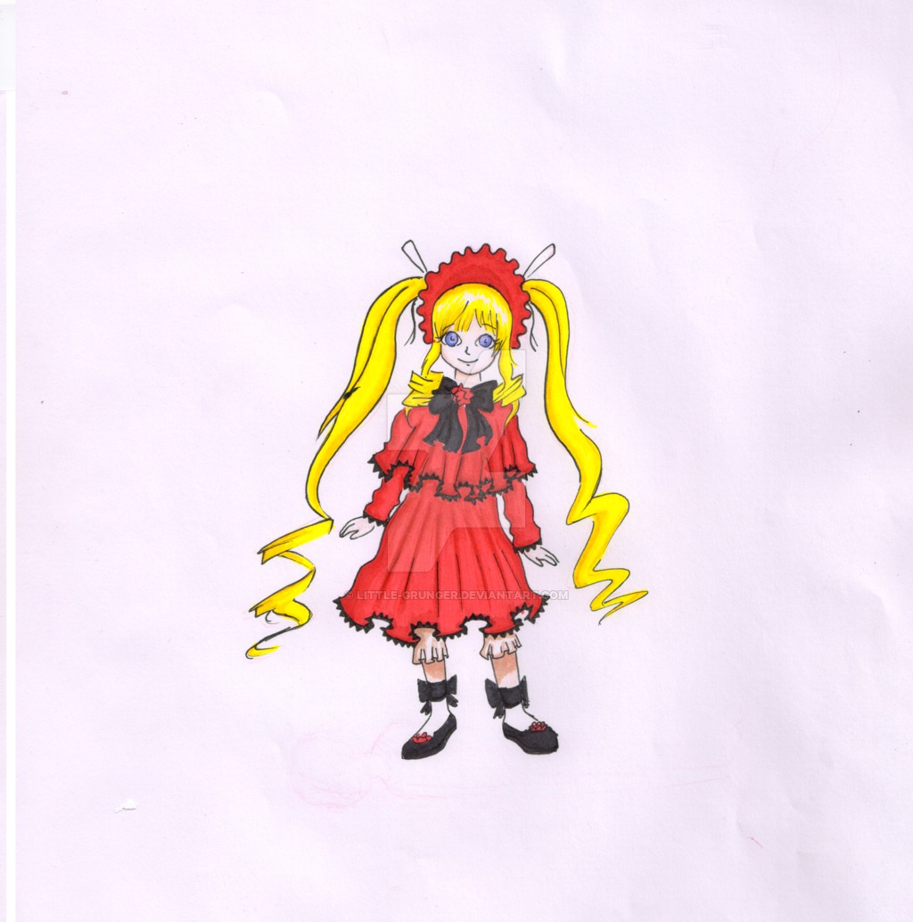 1girl blonde_hair blue_eyes bonnet bow dress frills full_body image long_hair long_sleeves looking_at_viewer red_dress shinku shoes smile solo standing twintails very_long_hair
