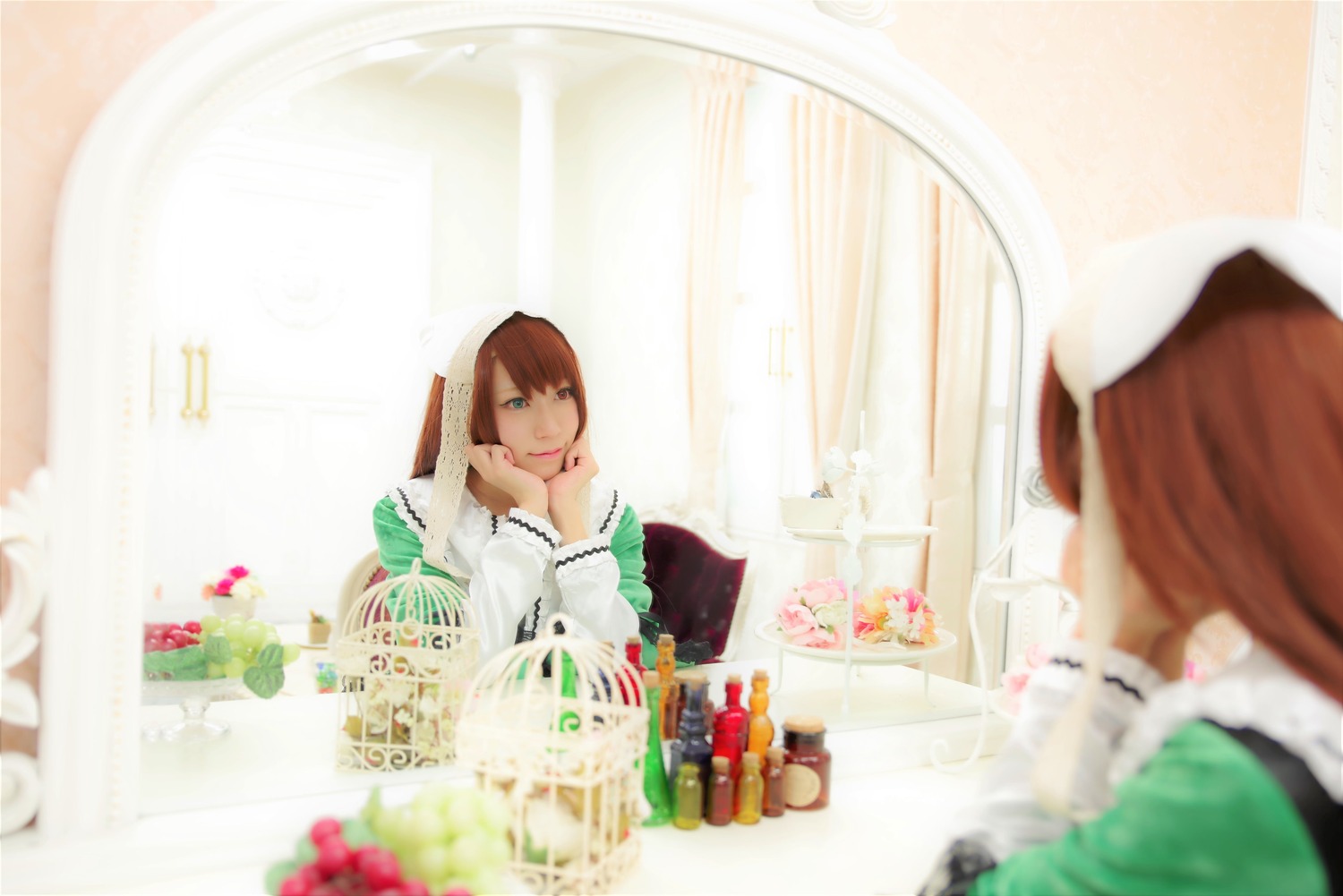 1girl blurry blurry_foreground bridal_veil brown_hair depth_of_field dress flower food jewelry reflection sitting solo suiseiseki veil wedding_dress