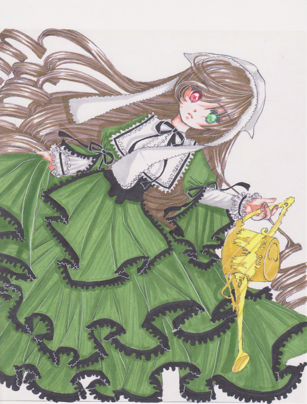 1girl brown_hair dress frills green_dress green_eyes heterochromia image long_hair long_sleeves looking_at_viewer red_eyes ribbon solo suiseiseki traditional_media very_long_hair watering_can