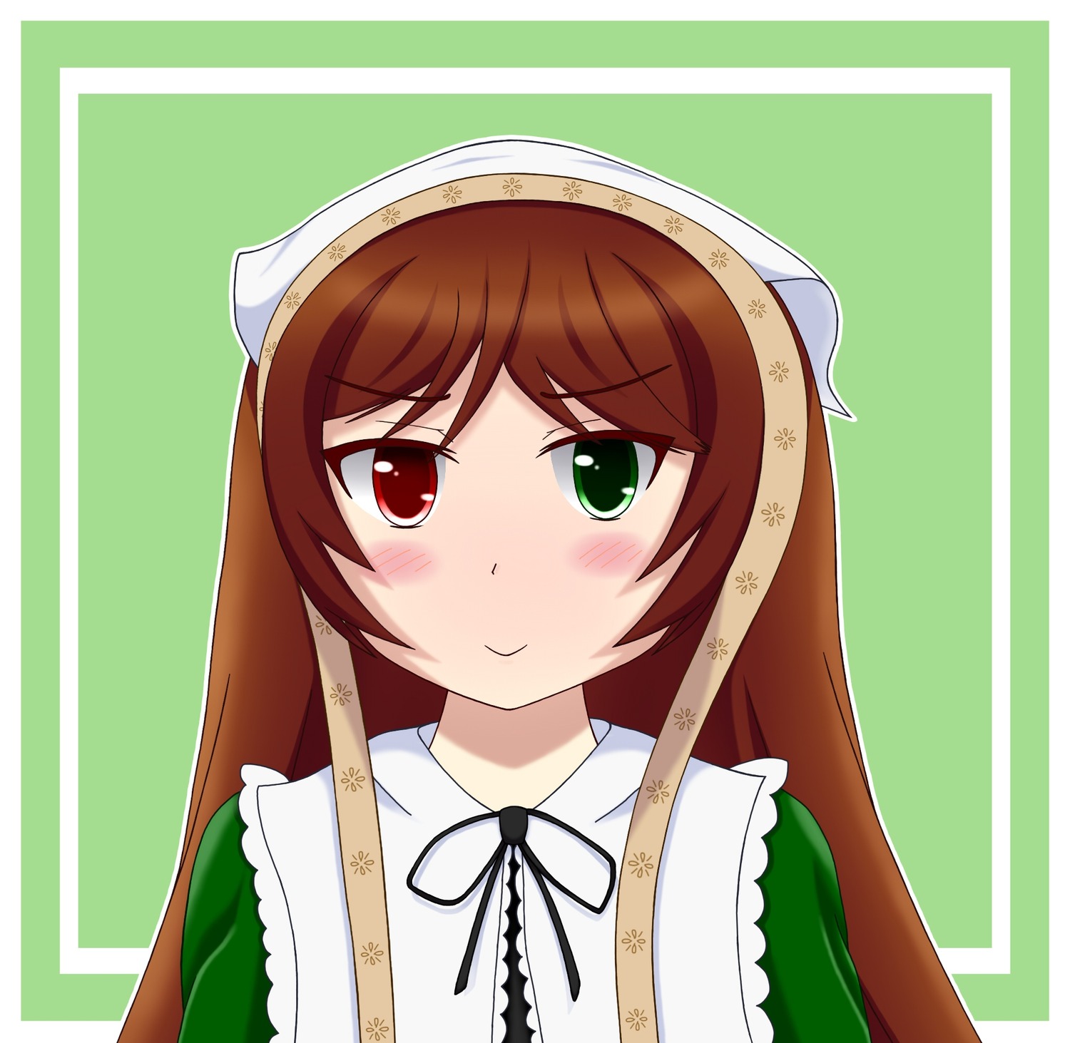 1girl black_ribbon blush brown_hair closed_mouth dress frills green_background green_eyes head_scarf heterochromia image long_hair looking_at_viewer red_eyes ribbon simple_background smile solo suiseiseki upper_body