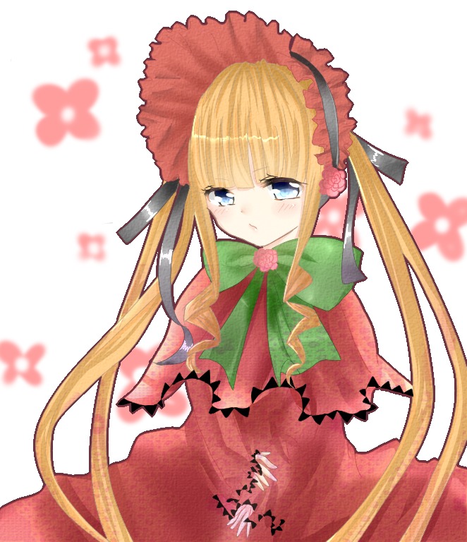 1girl blonde_hair blue_eyes blurry blurry_background blush bonnet bow bowtie depth_of_field dress flower image long_hair long_sleeves looking_at_viewer photo shinku simple_background solo twintails white_background