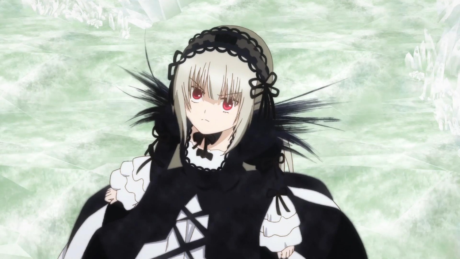 1girl auto_tagged bangs black_dress black_ribbon closed_mouth dress frills hairband image long_hair long_sleeves looking_at_viewer red_eyes ribbon silver_hair solo suigintou wings