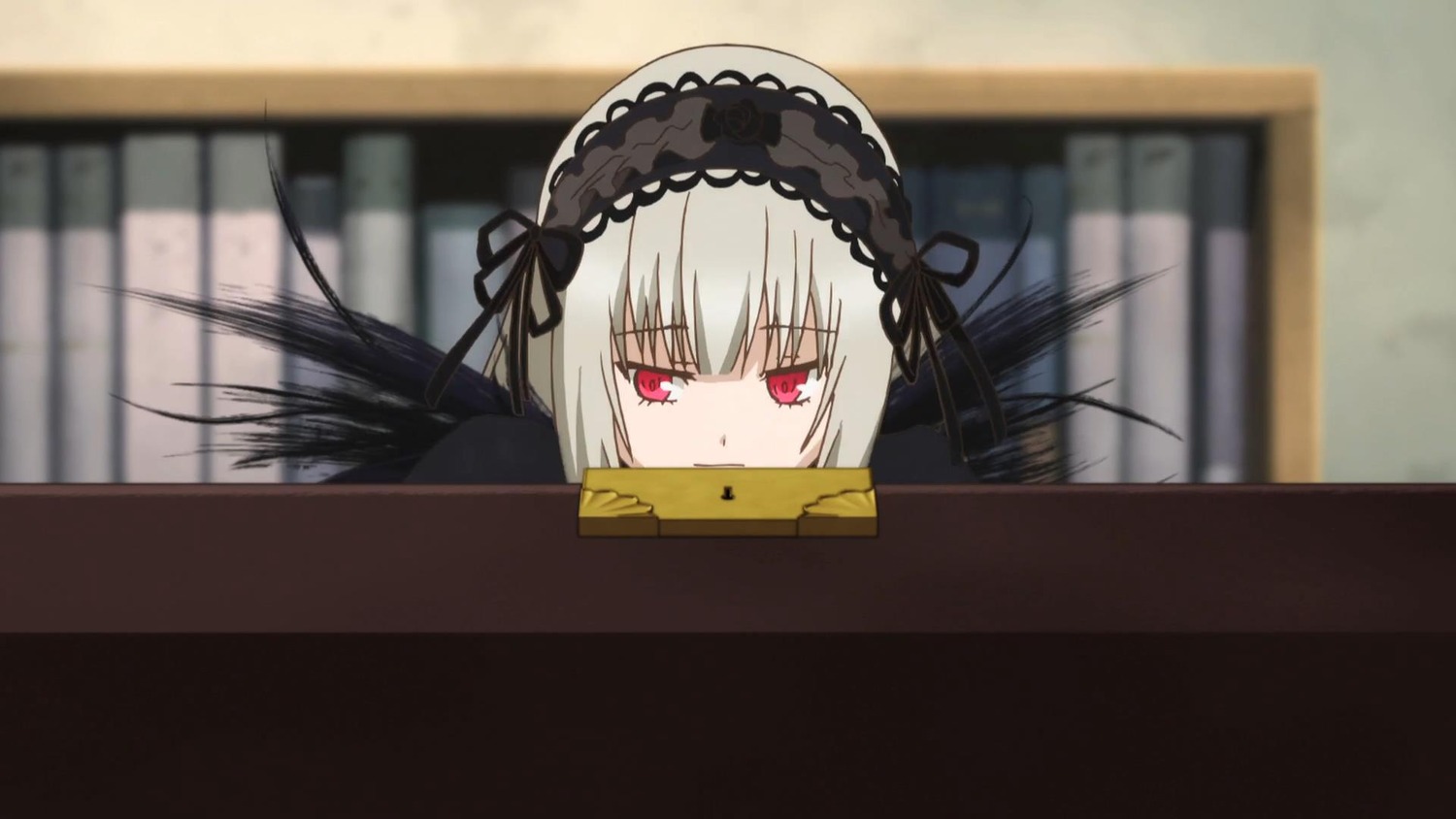 1girl bangs black_wings blurry blurry_background depth_of_field eyebrows_visible_through_hair hairband image long_hair red_eyes ribbon silver_hair solo suigintou
