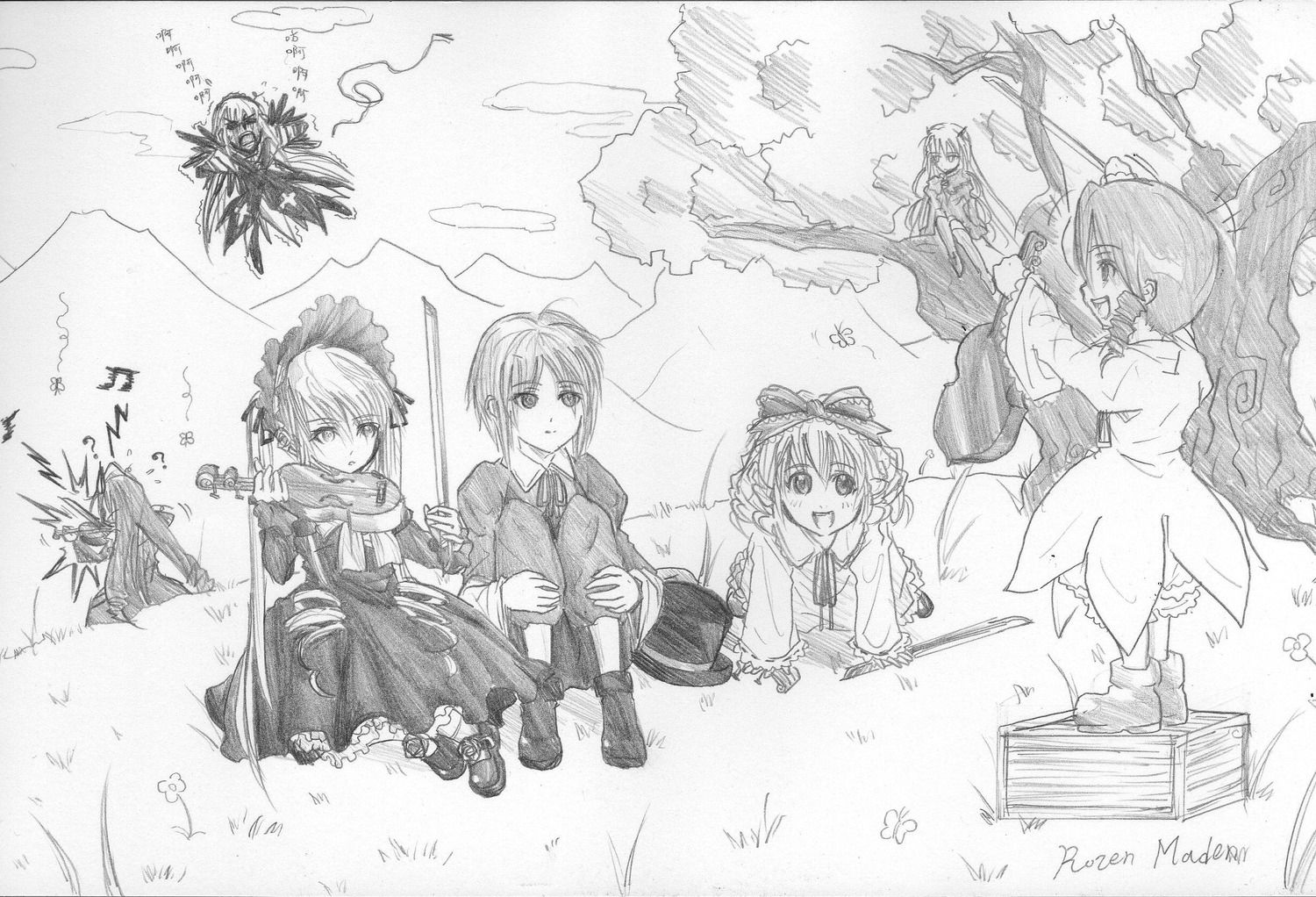 bow dress greyscale hair_bow image monochrome multiple multiple_girls short_hair sitting standing tagme wings
