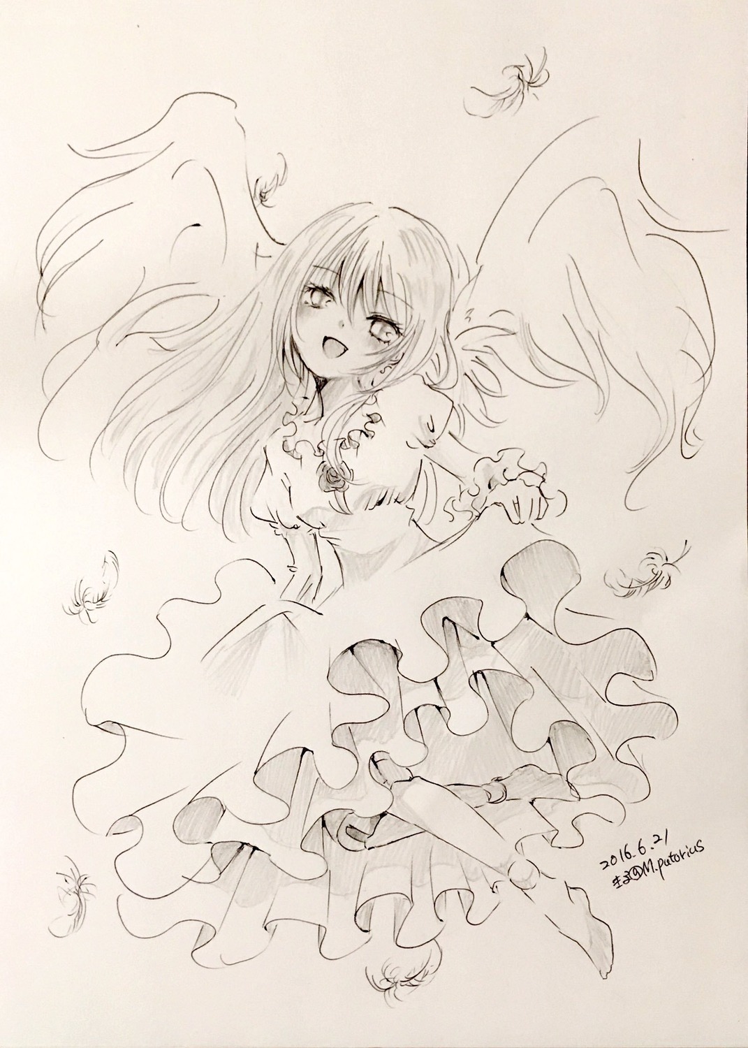 1girl artist_name blush bug butterfly dated dress frilled_dress full_body image insect long_hair monochrome open_mouth signature smile solo suigintou traditional_media wings