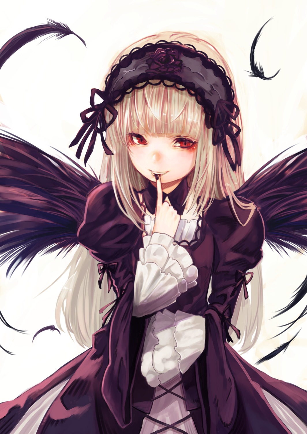 1girl bangs black_feathers black_ribbon black_wings dress feathered_wings feathers finger_to_mouth frills hairband image index_finger_raised juliet_sleeves long_hair long_sleeves looking_at_viewer puffy_sleeves red_eyes ribbon silver_hair solo suigintou very_long_hair wings