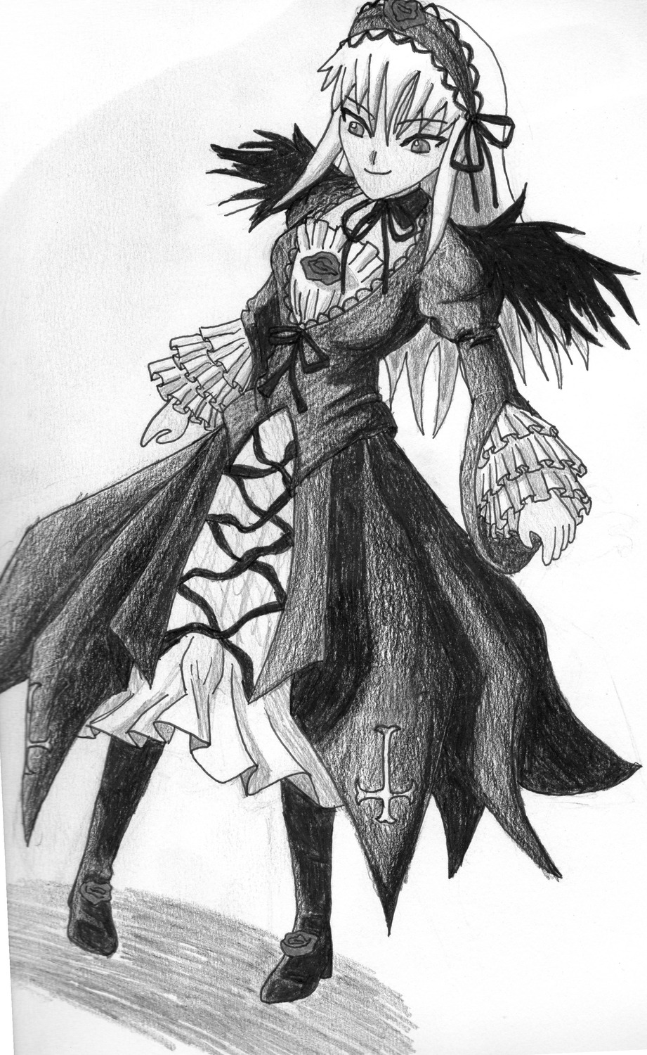 1girl dress frilled_sleeves frills full_body greyscale hairband image long_hair long_sleeves looking_at_viewer monochrome ribbon solo standing suigintou traditional_media wings