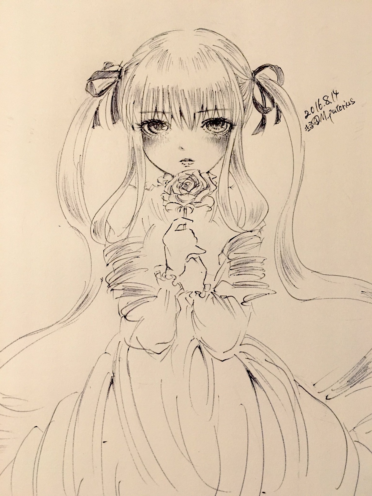 1girl blush dated dress flower hair_ribbon image long_hair long_sleeves looking_at_viewer monochrome ribbon rose shinku solo traditional_media twintails very_long_hair